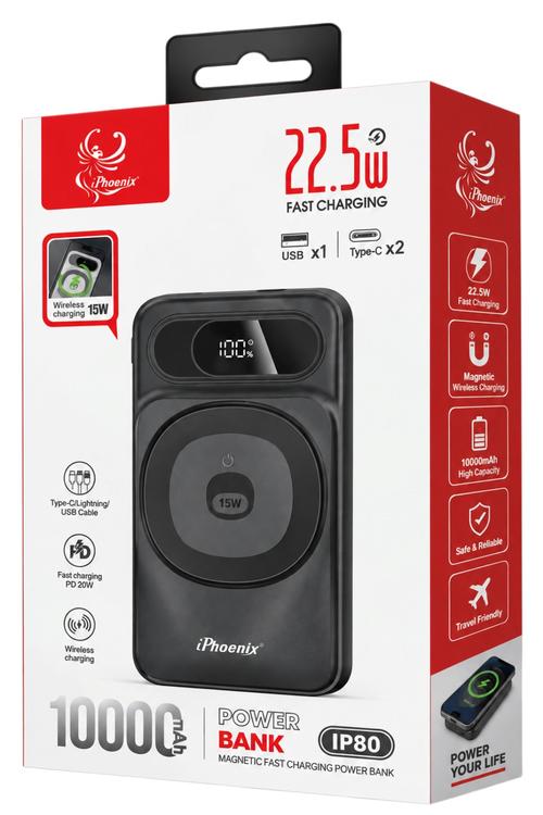 iPhoenix 10,000mAh Fast Charging Wireless Power Bank with Built-In Charging Cables Black IP80